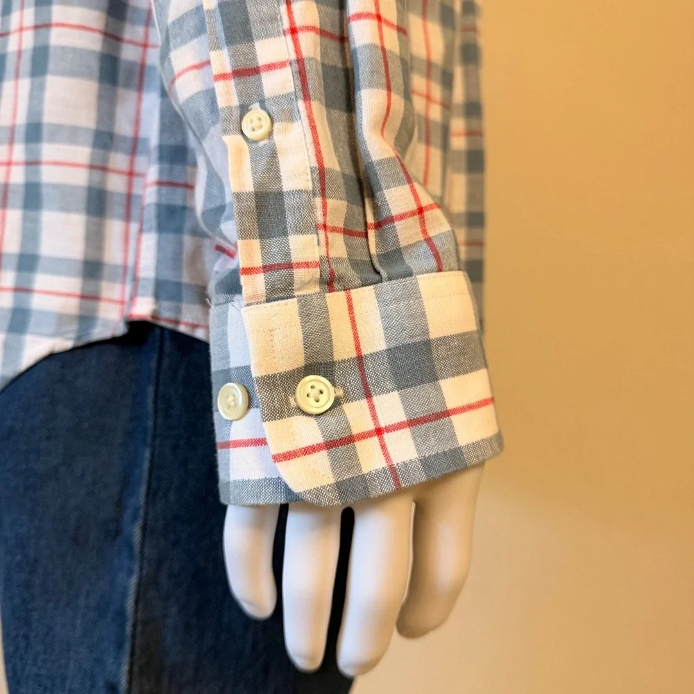 Banana Republic Mens Plaid Button Down Shirt Linen Cotton Blue White Red Size XL